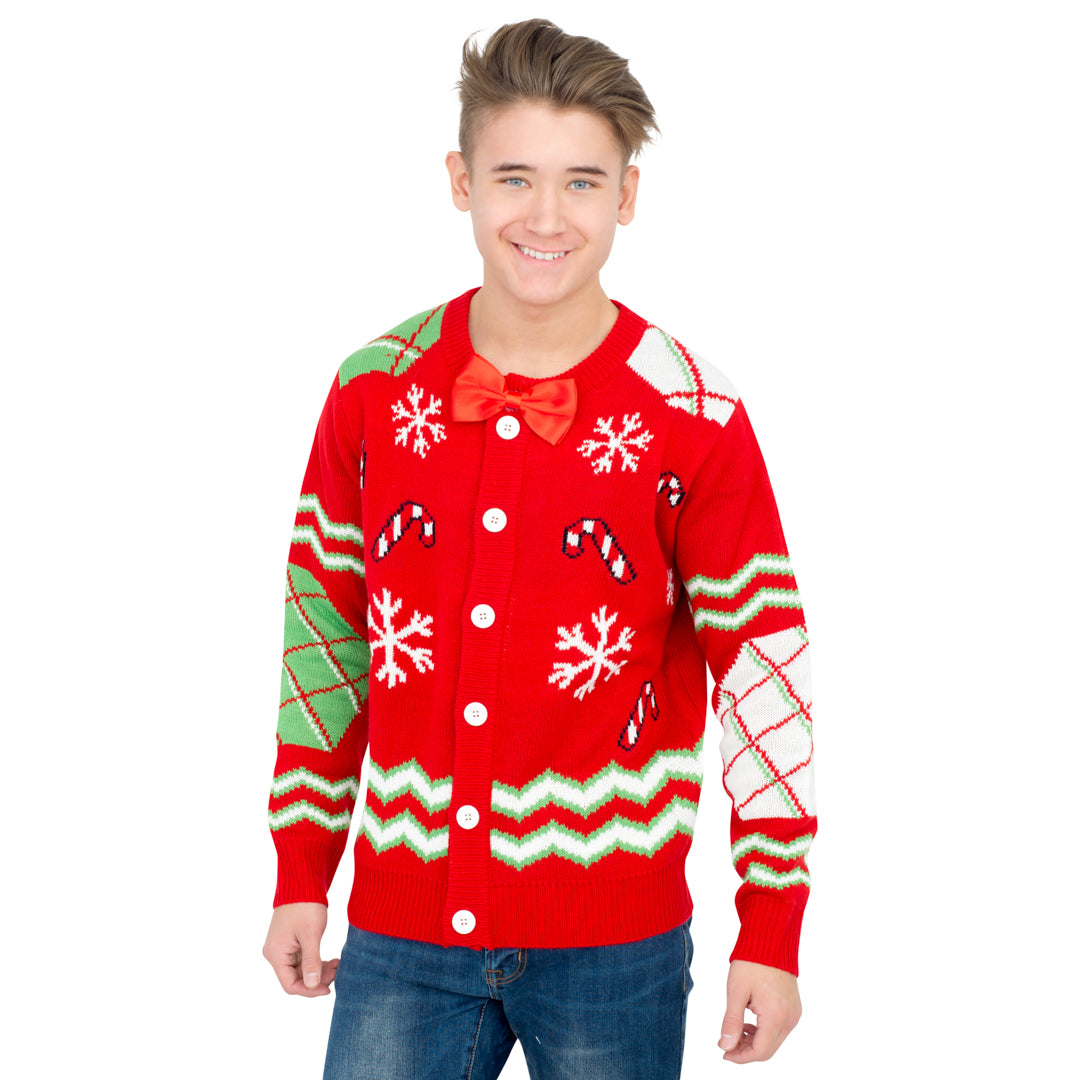 Candy Canes and Snowflakes Button Up Ugly Christmas Sweater with Bowti