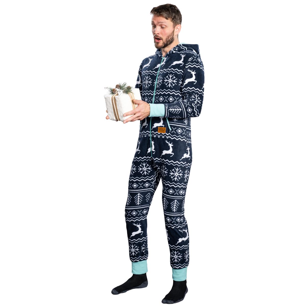 Ugly Christmas Sweater Style Fair Isle Jumpsuit Cozy Adult Union Suit Unisex Pajamas