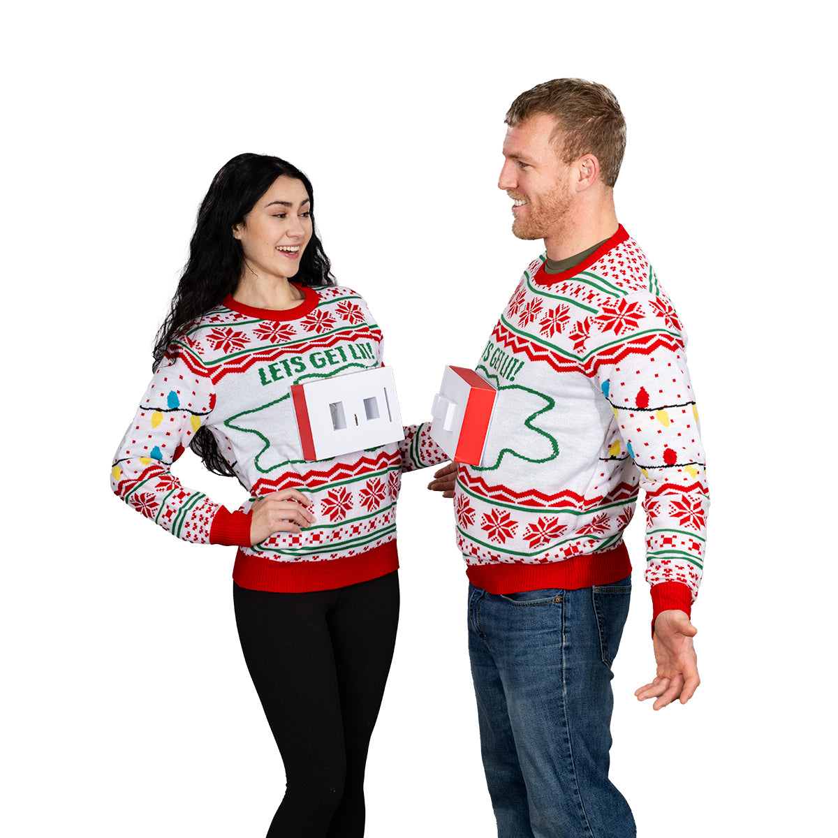 3D Outlet and Plug Socket Matching Couples Ugly Christmas Sweater