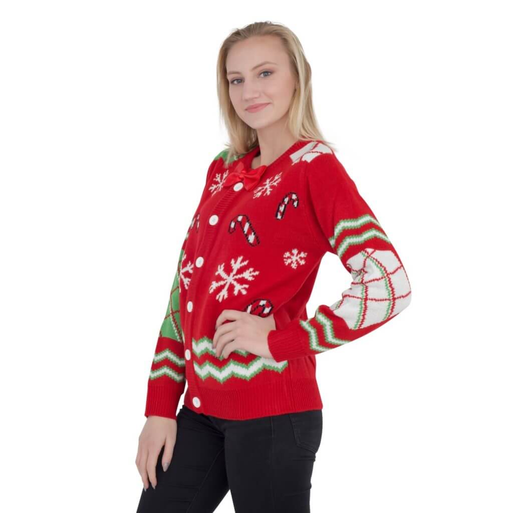 Women's Candy Canes and Snowflakes Button Up Ugly Christmas Sweater ...