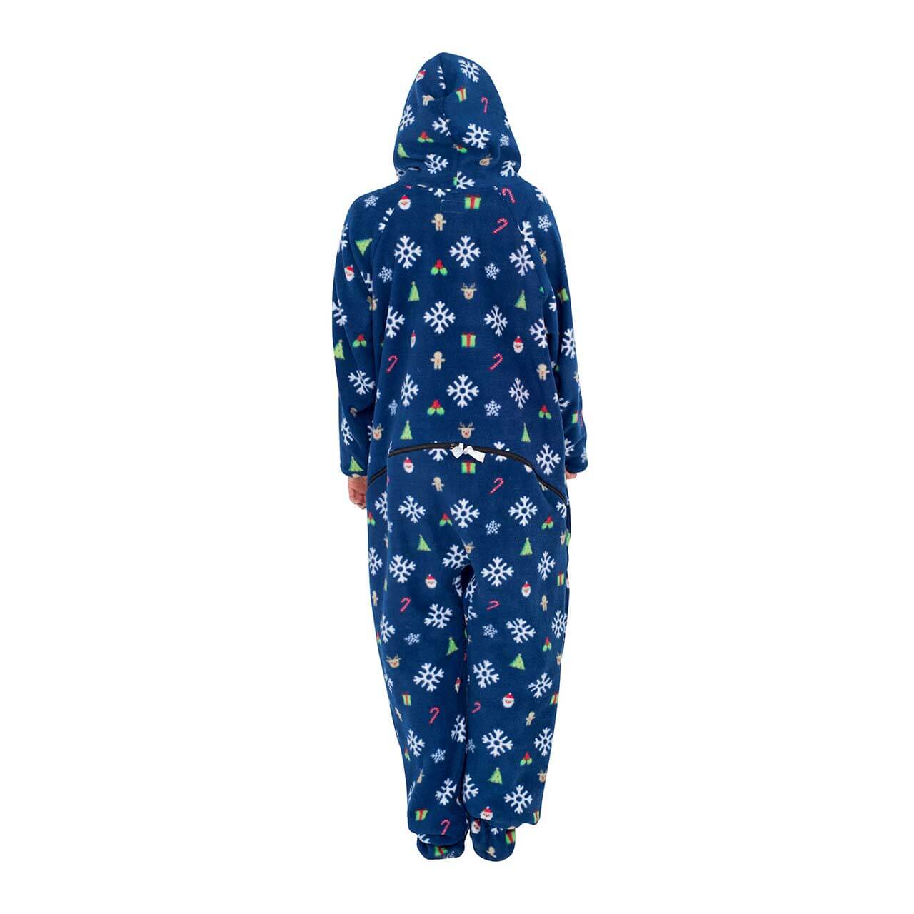 Snowflakes and Reindeer Navy Ugly Christmas Pajama Suit with Hood