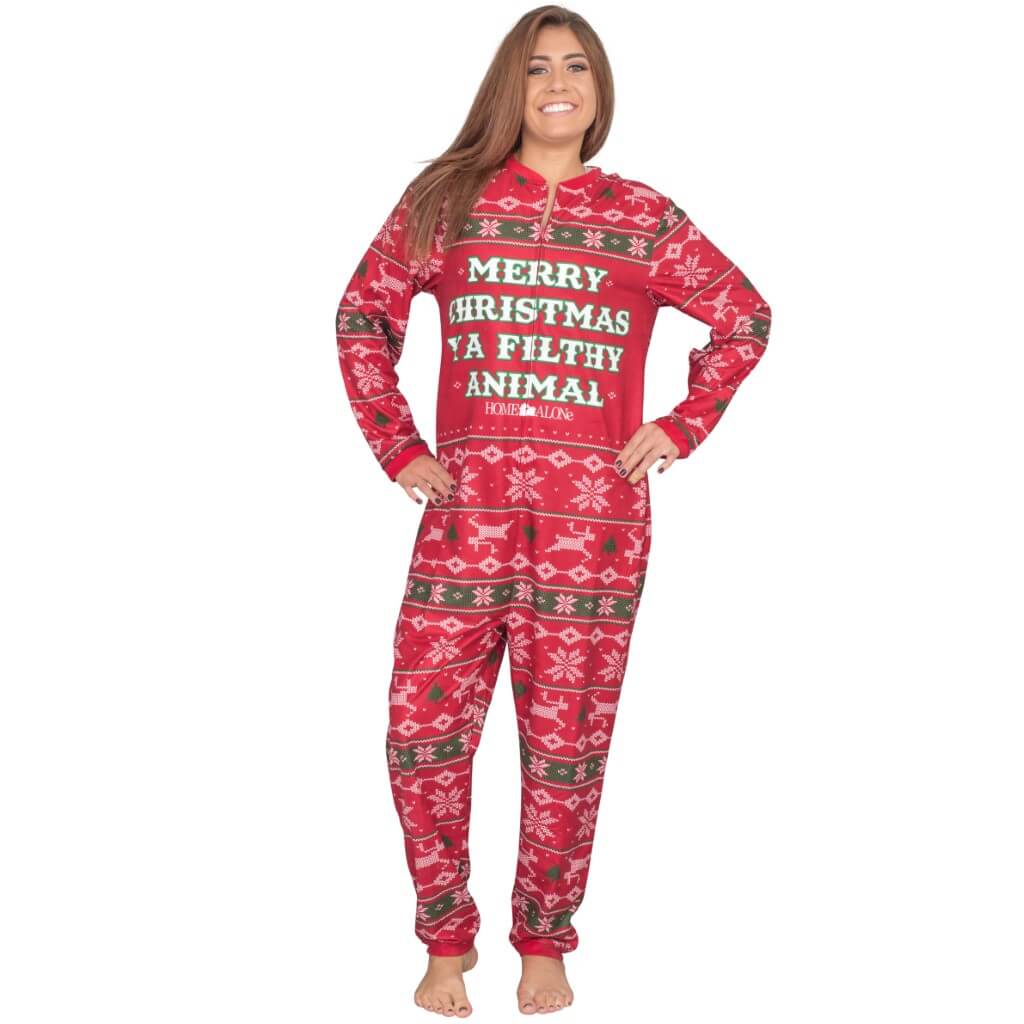 Women S Home Alone Merry Christmas Ya Filthy Animal Pajama Jump Suit 2 Ugly Christmas Sweaters